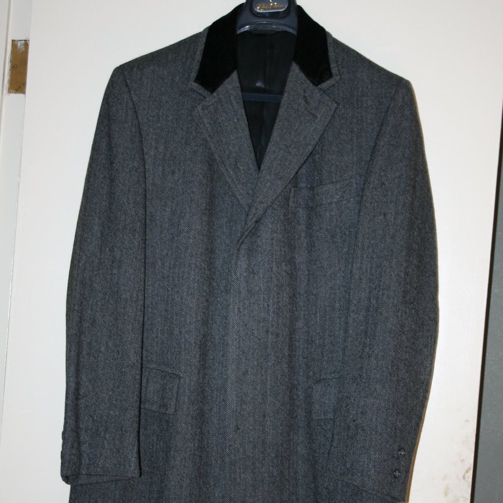 Vintage Wool Blazer Velvet collar Blac Herringbone